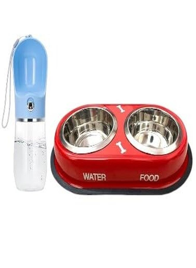 DOGTOWN Dog Push-to-Release Water Bottle with Stainless Steel Bowl - Portable Hydration Set for Pets (Multicolor, Push to Release Bottle with Double Dinner Bowl) - Image 1
